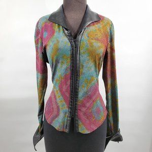 Women Stretch Blouse with Leather Collar and cuffs